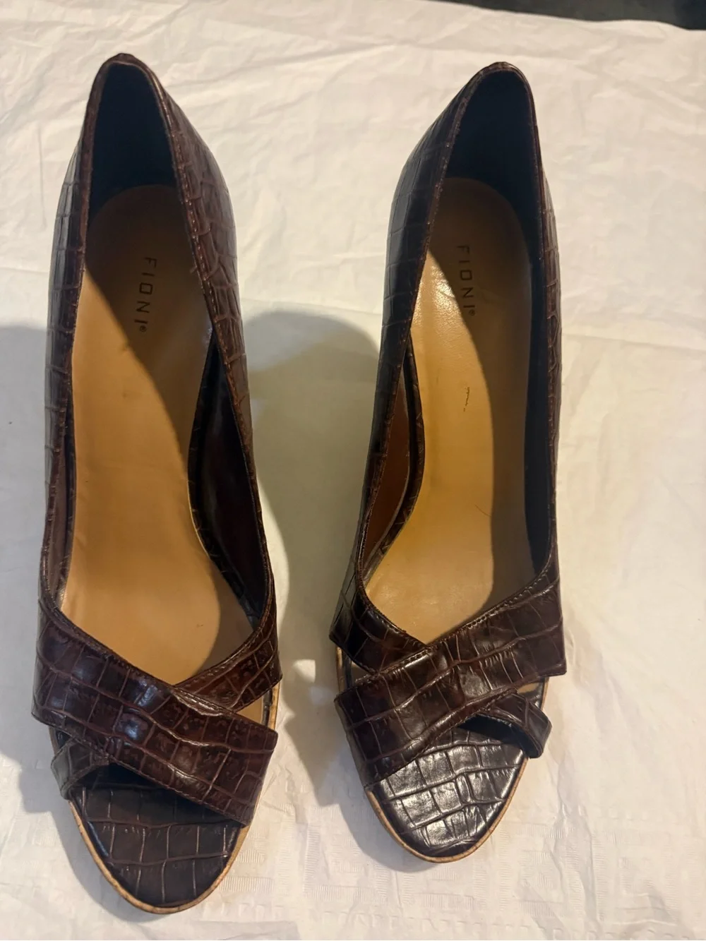 FIONI Clothing Dark Brown Croc-Embossed Peep Toe Pumps